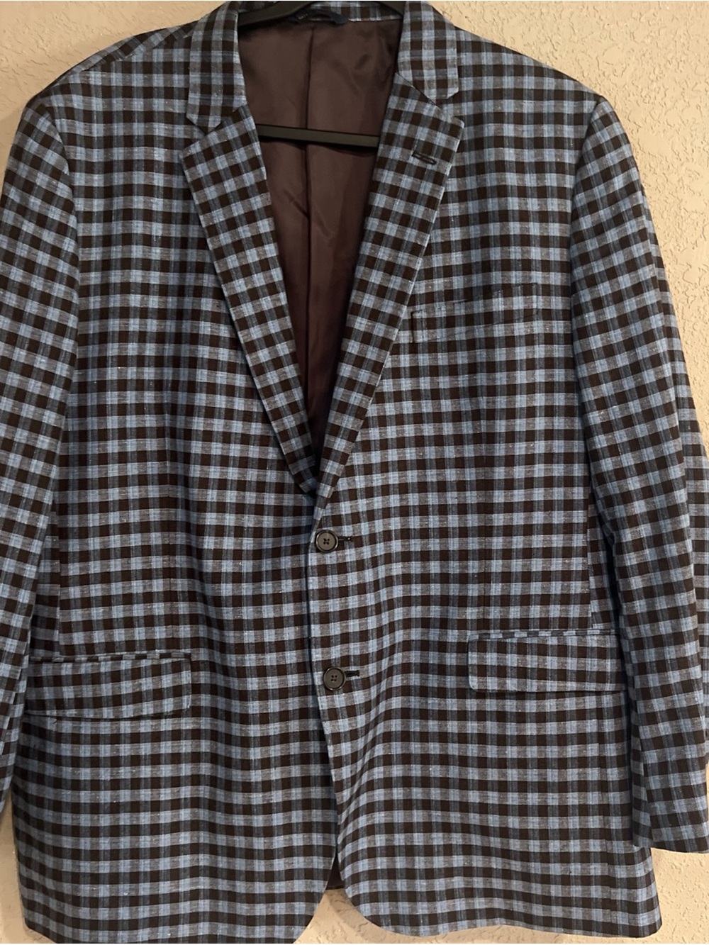 Brooks Brothers Brown  Light Blue Checked Sport Coat Mens 46R Silk/Linen Blazer